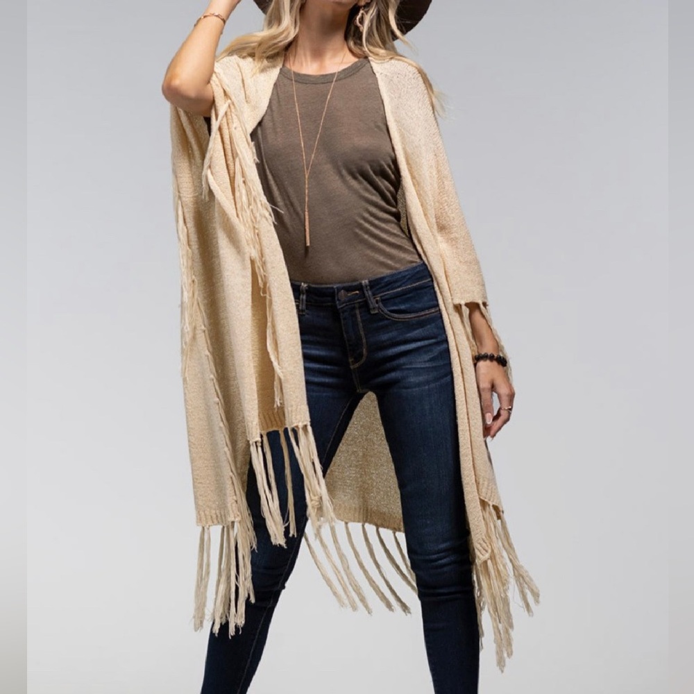 Ruana wrap - Oatmeal - Elegant Cream Fringe Sweater-